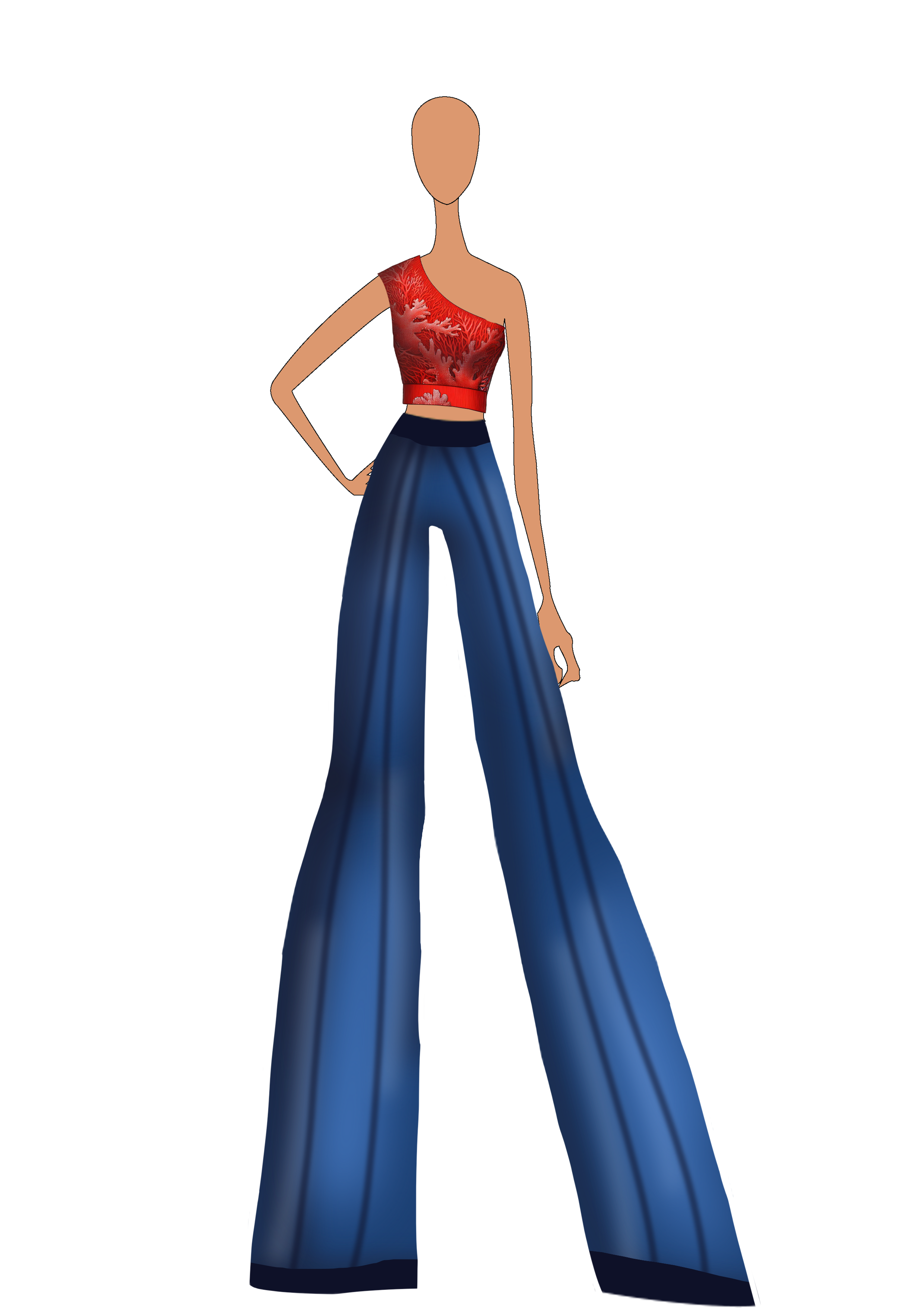 Scarlet Reef: coral-embroidered crop top with graduated wide-leg pants