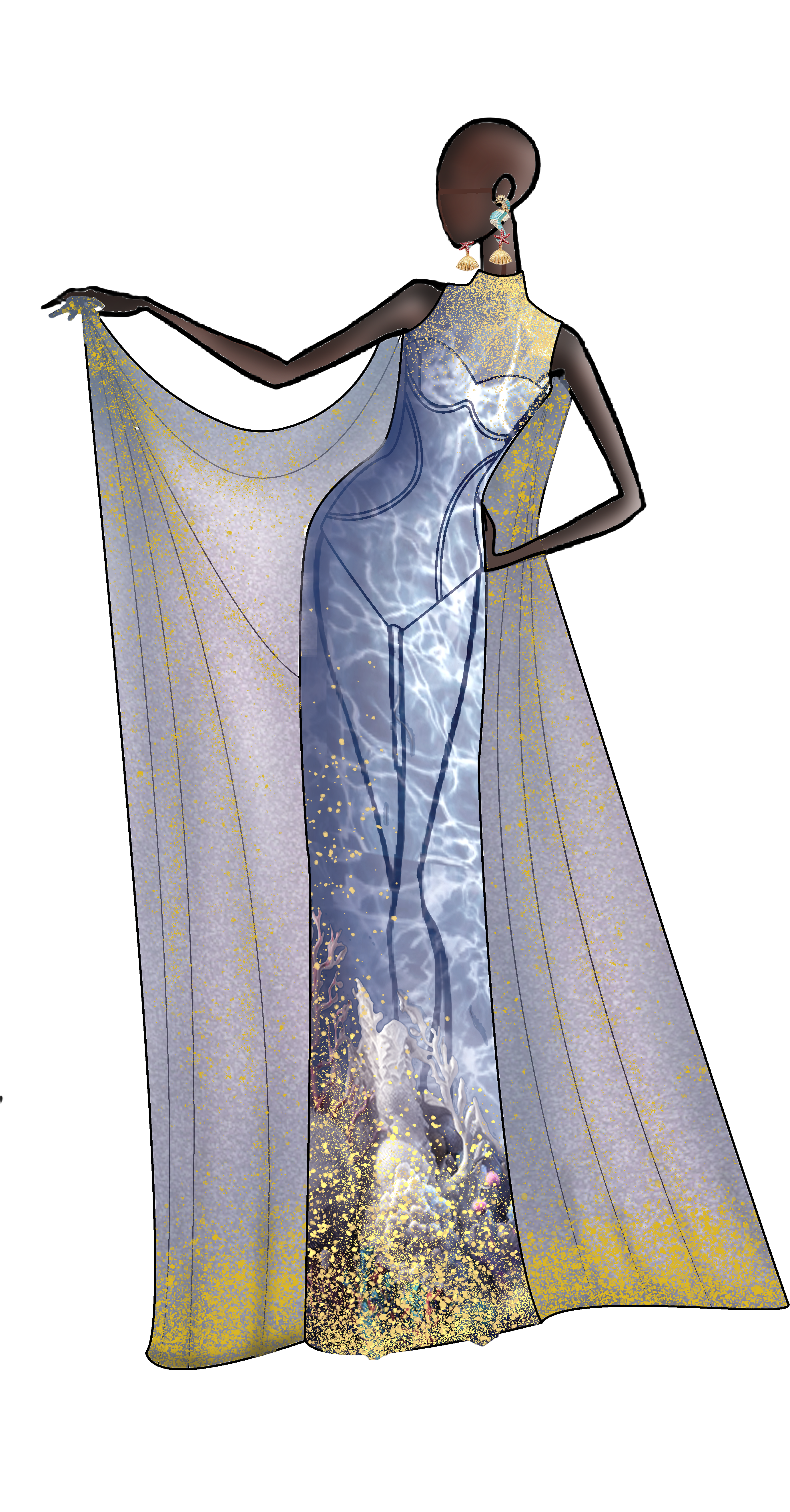 Sheer Waves: a caustic-print column gown under gold-flecked sheer cape panels