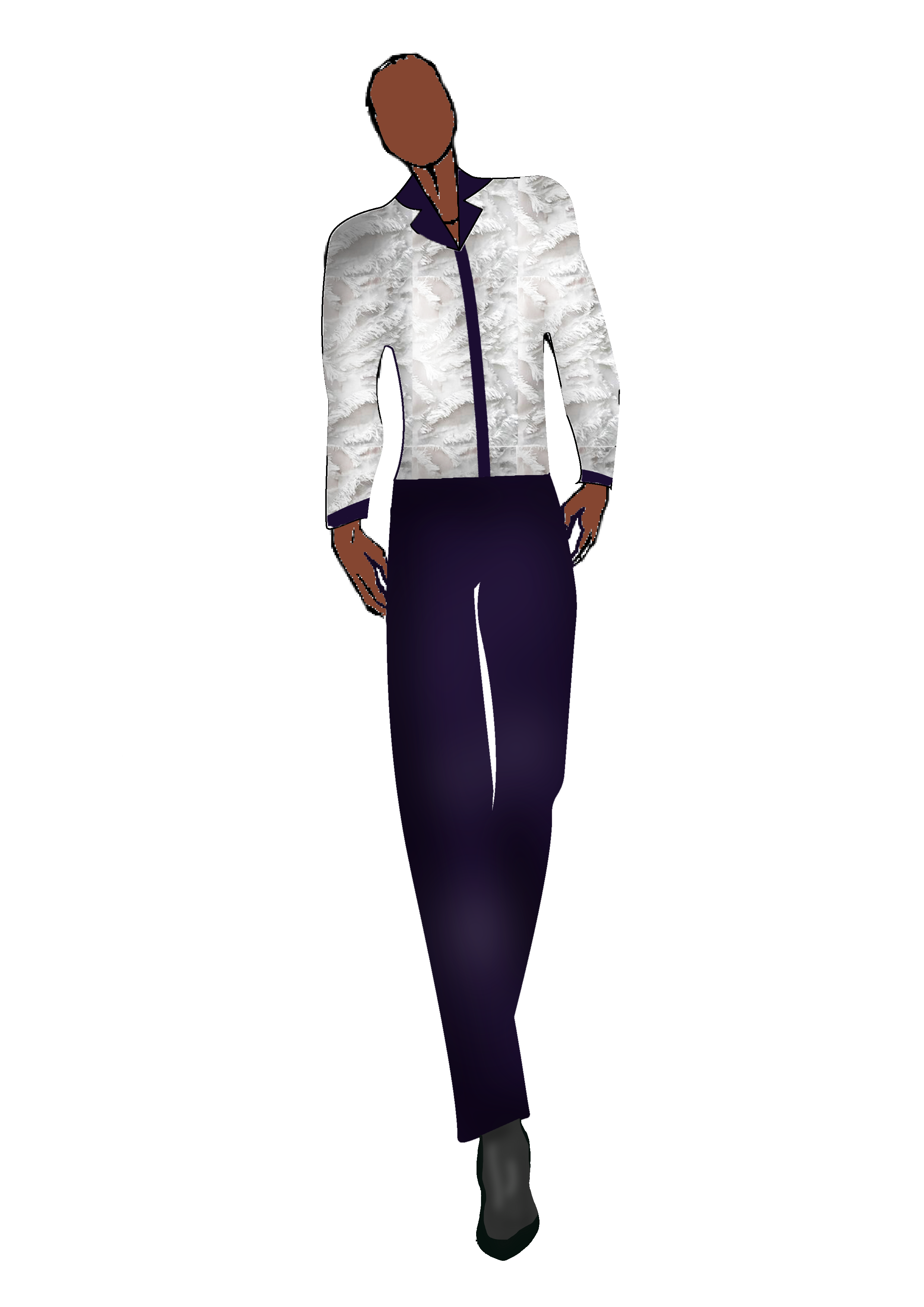 Squidward Hues: a textured white shirt with navy contrast placket and tailored trousers