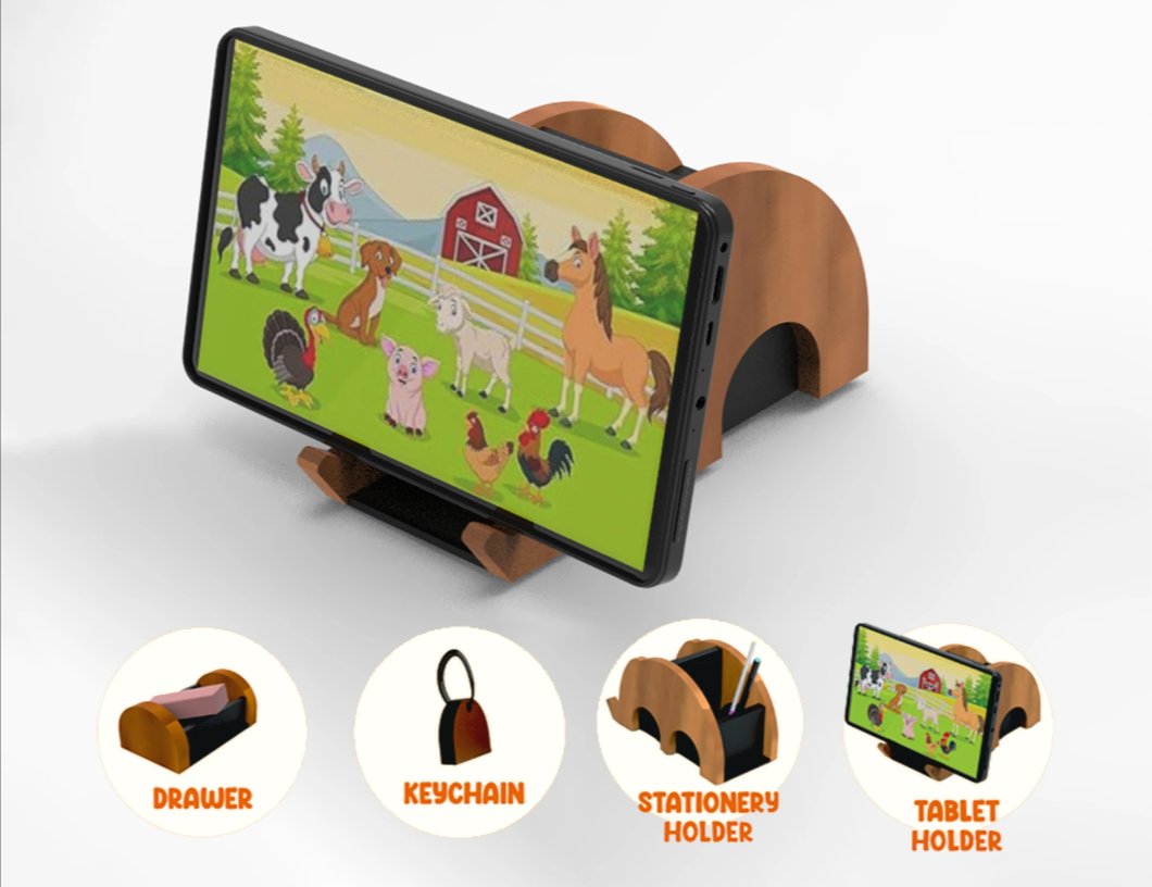 Dost, tablet holder in use with the four functions called out