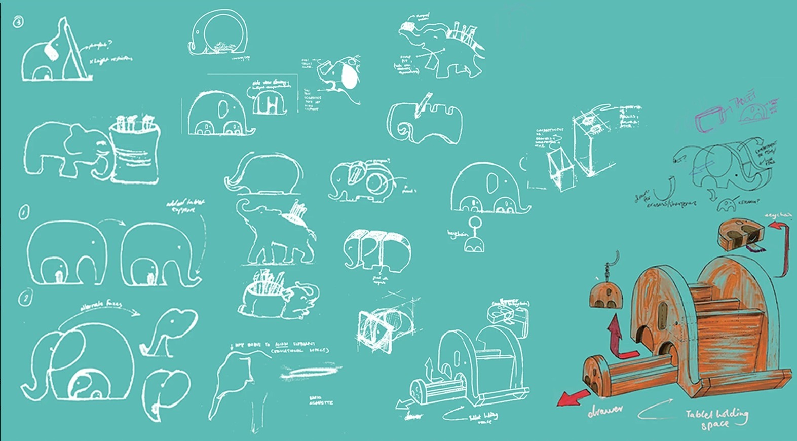 Dost ideation sheet, elephant thumbnails, drawer and tablet-slot studies