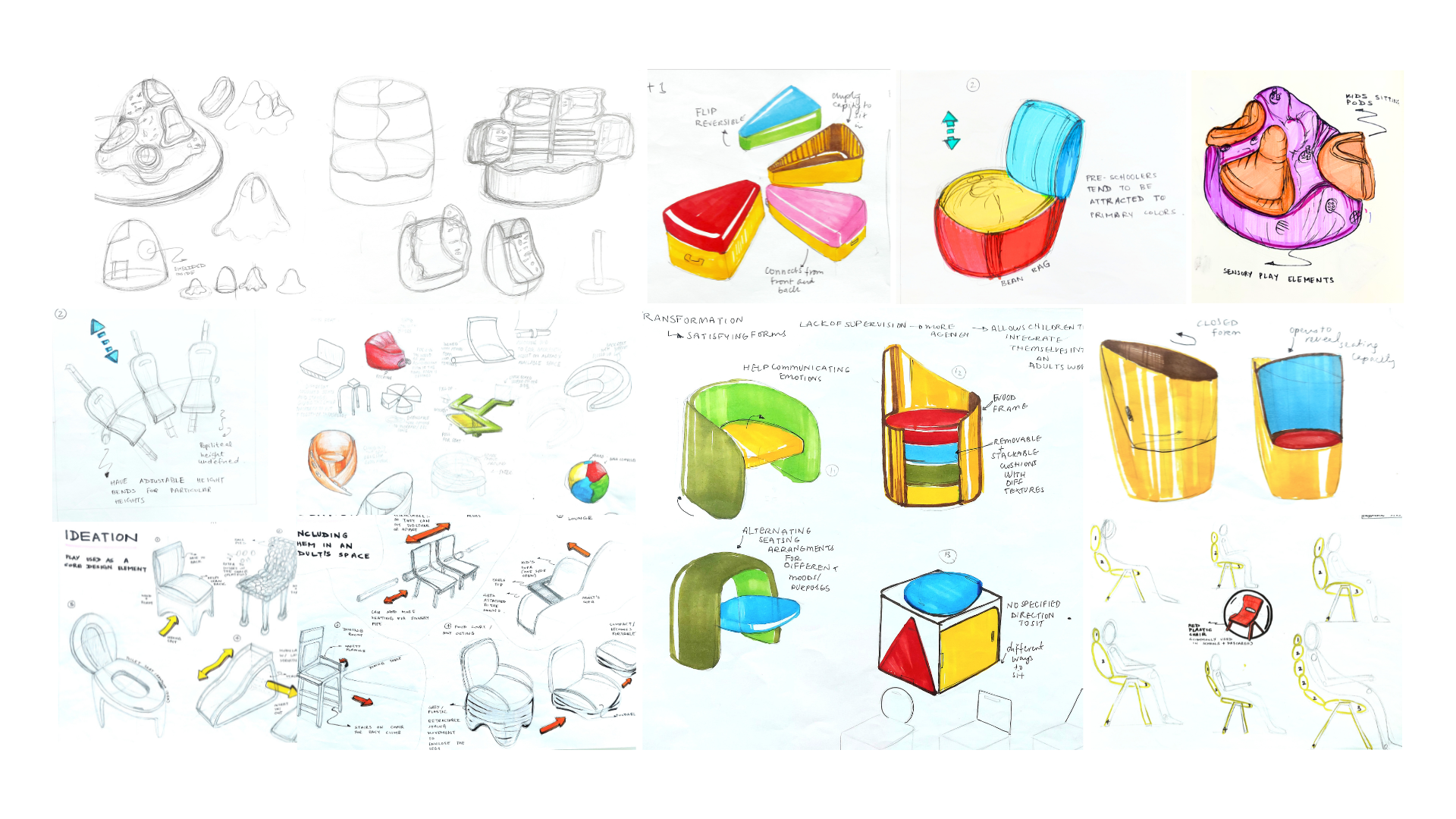 Ideation sheets: flip-reversible wedges, bean bag, pods, transforming forms and adjustable-height chairs