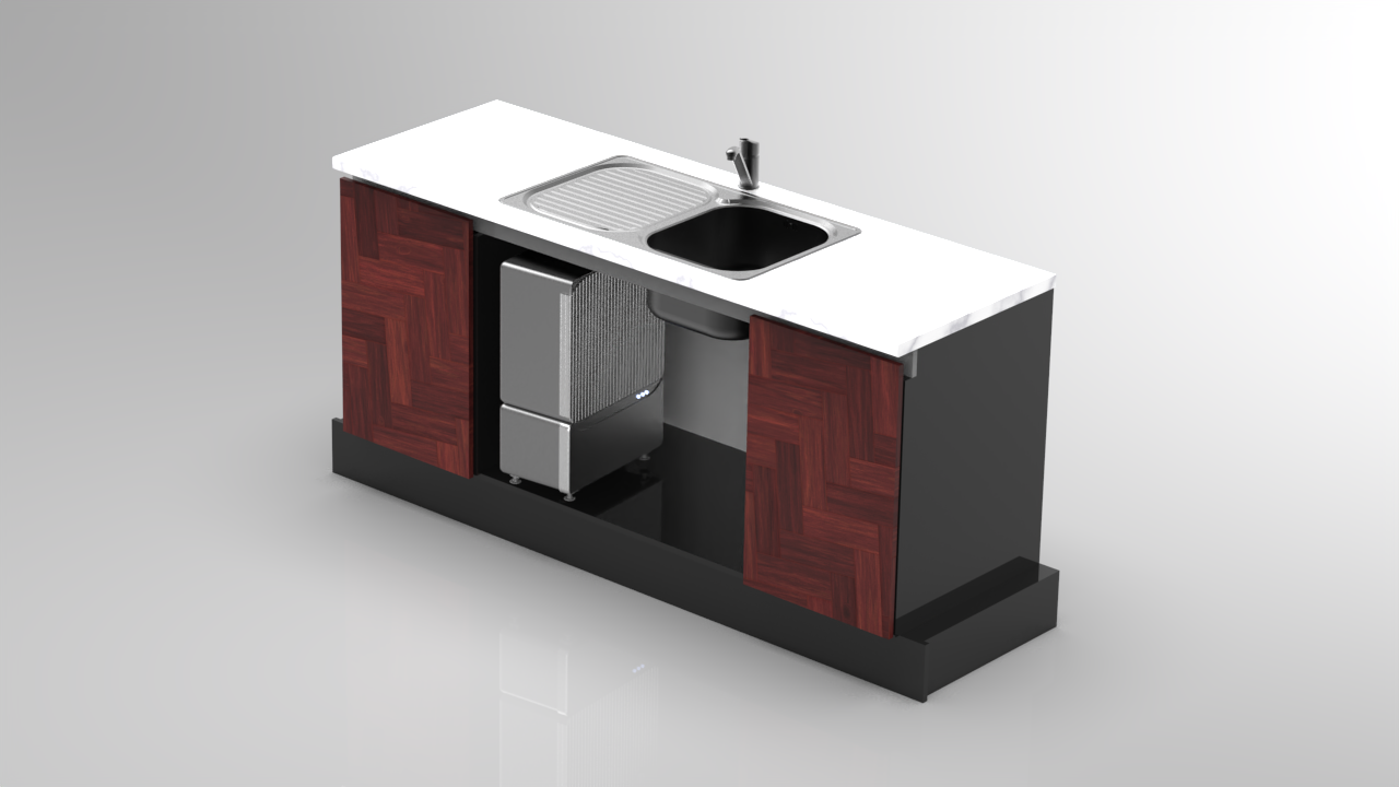 Hydracycle under a kitchen counter beside the sink