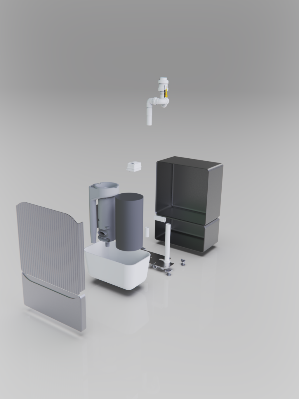 Rendered part set, casing panel, filtration column, storage tank, base plate and plumbing
