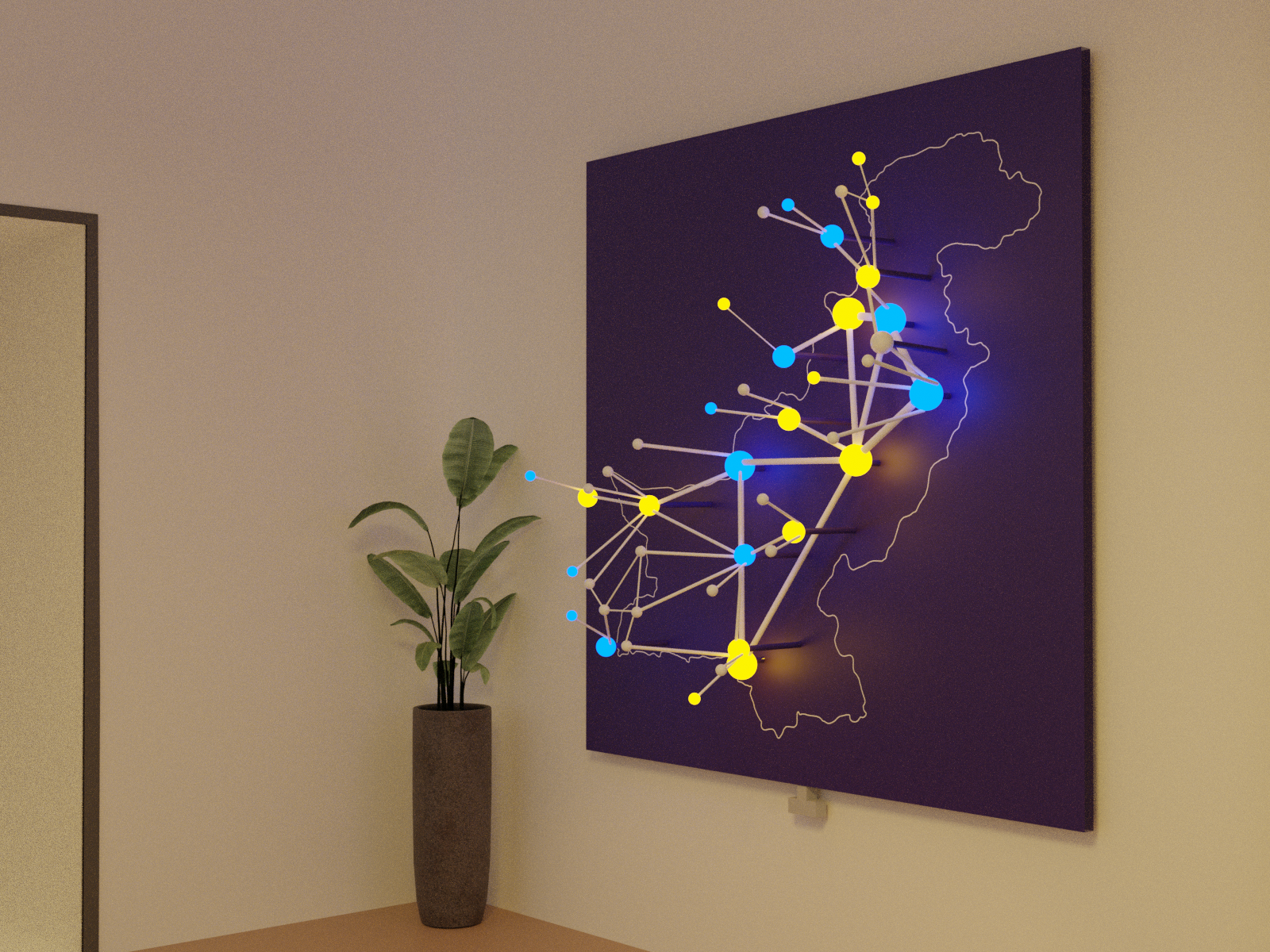 Corner view of the installation lit blue and yellow