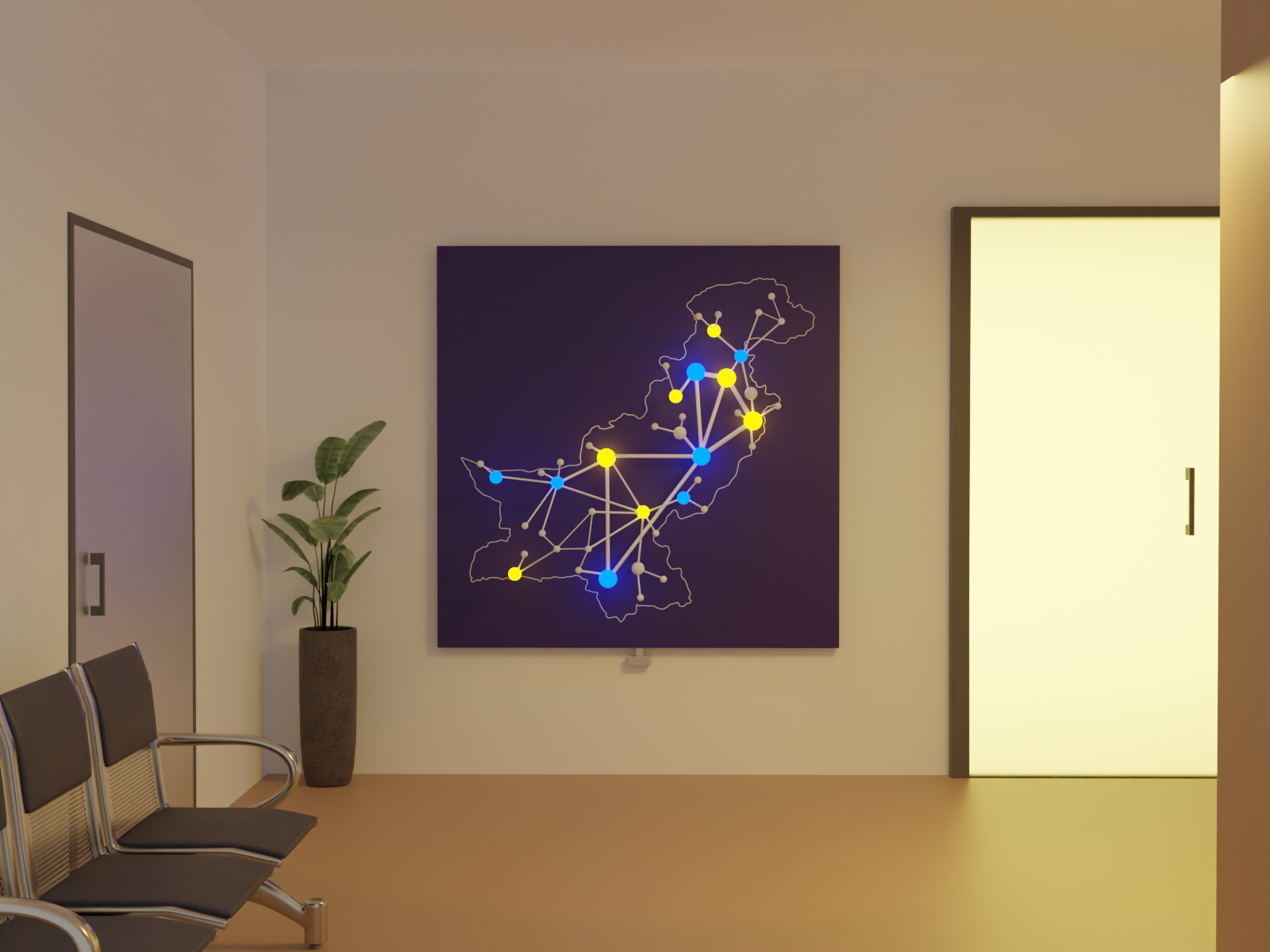 The installation idling in blue and yellow