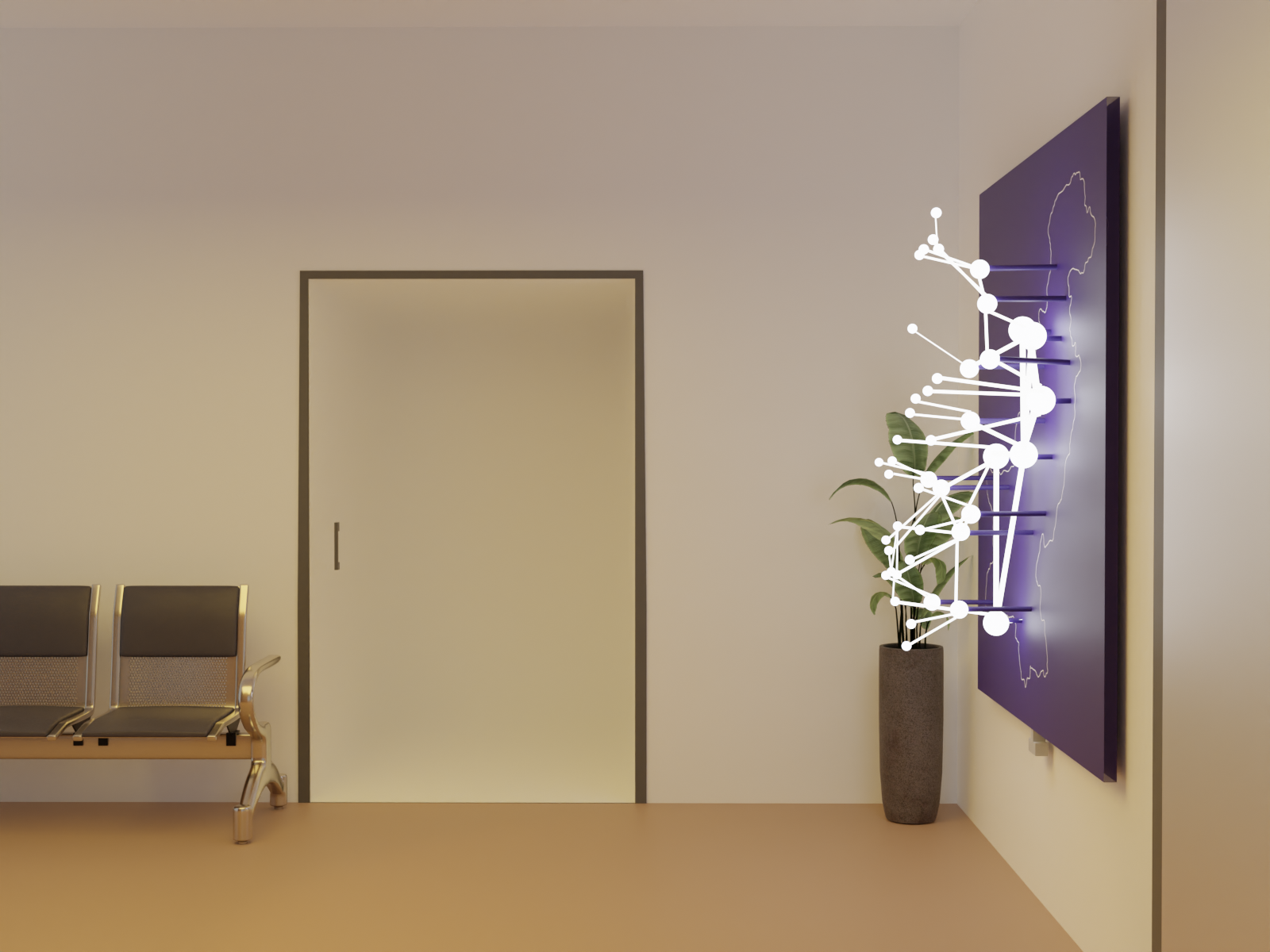 The installation seen past the door, fully lit