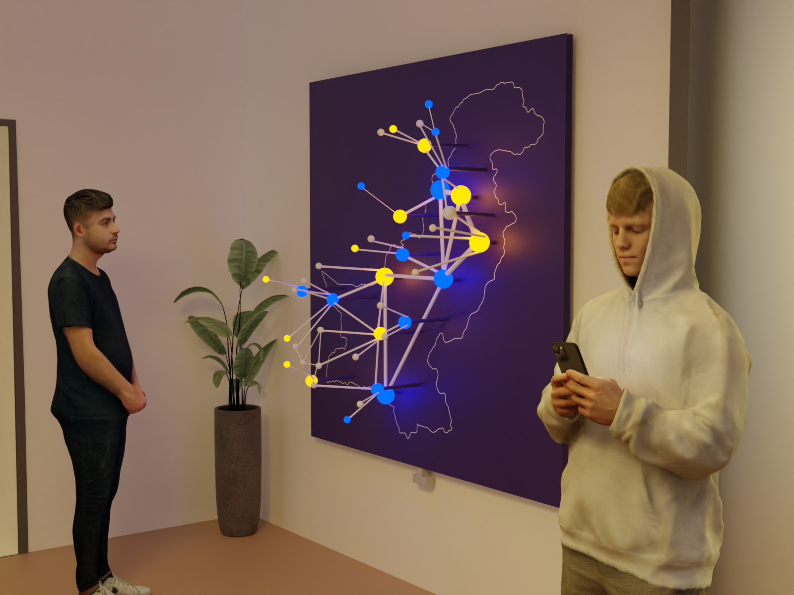 Two visitors noticing the piece from a distance