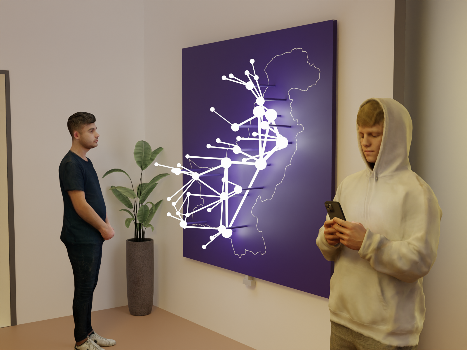 A visitor close to the installation with the white loop running