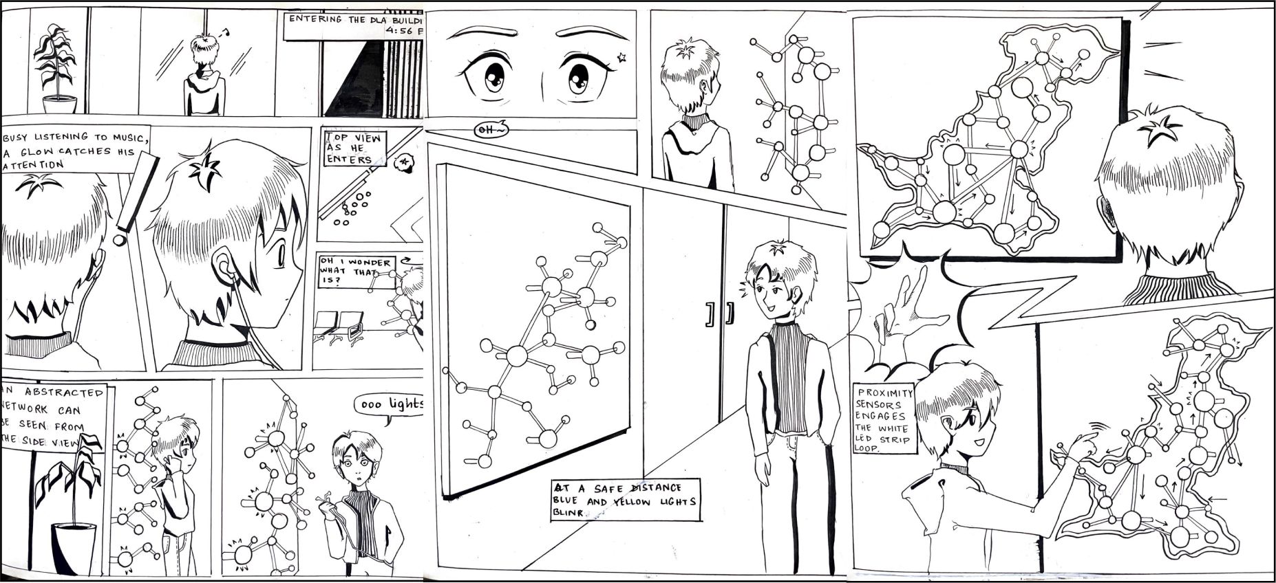 Hand-drawn storyboard of a visitor approaching the installation