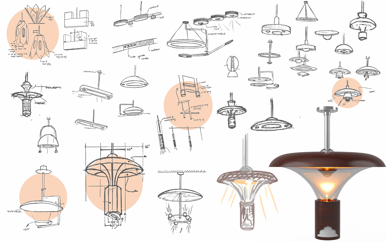 Full ideation board, concept sketches through to the rendered pendant