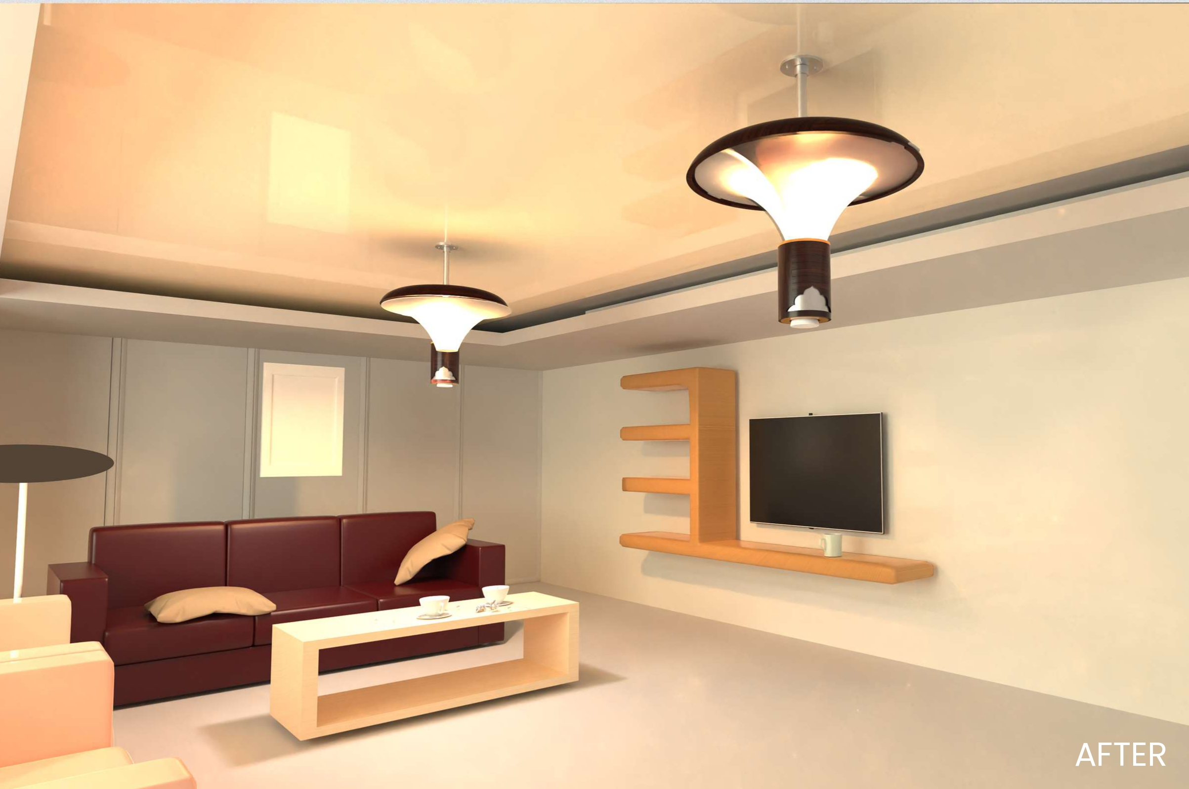 The same living room lit by two Nova pendants