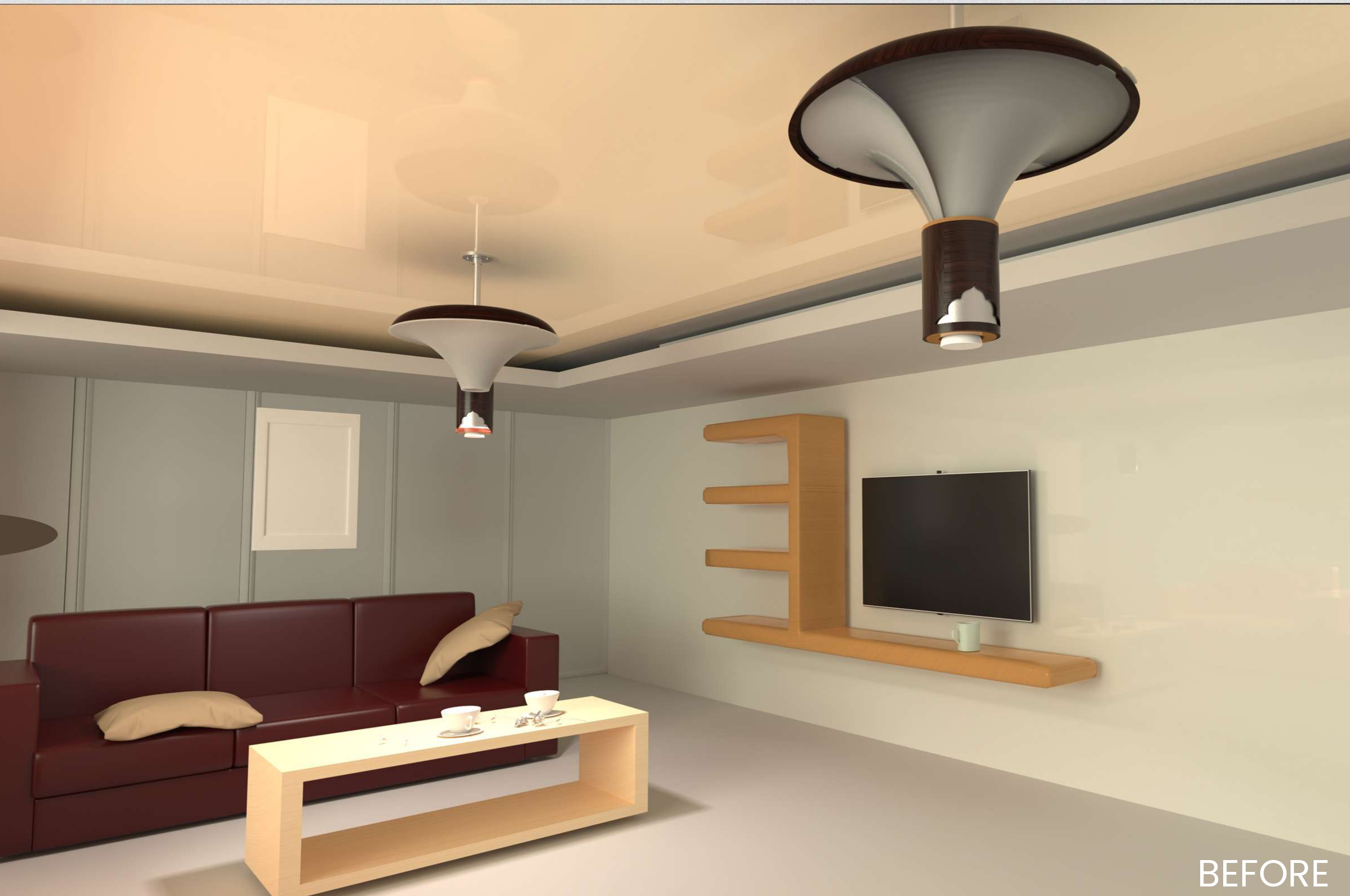 The living room lit by its existing fixtures