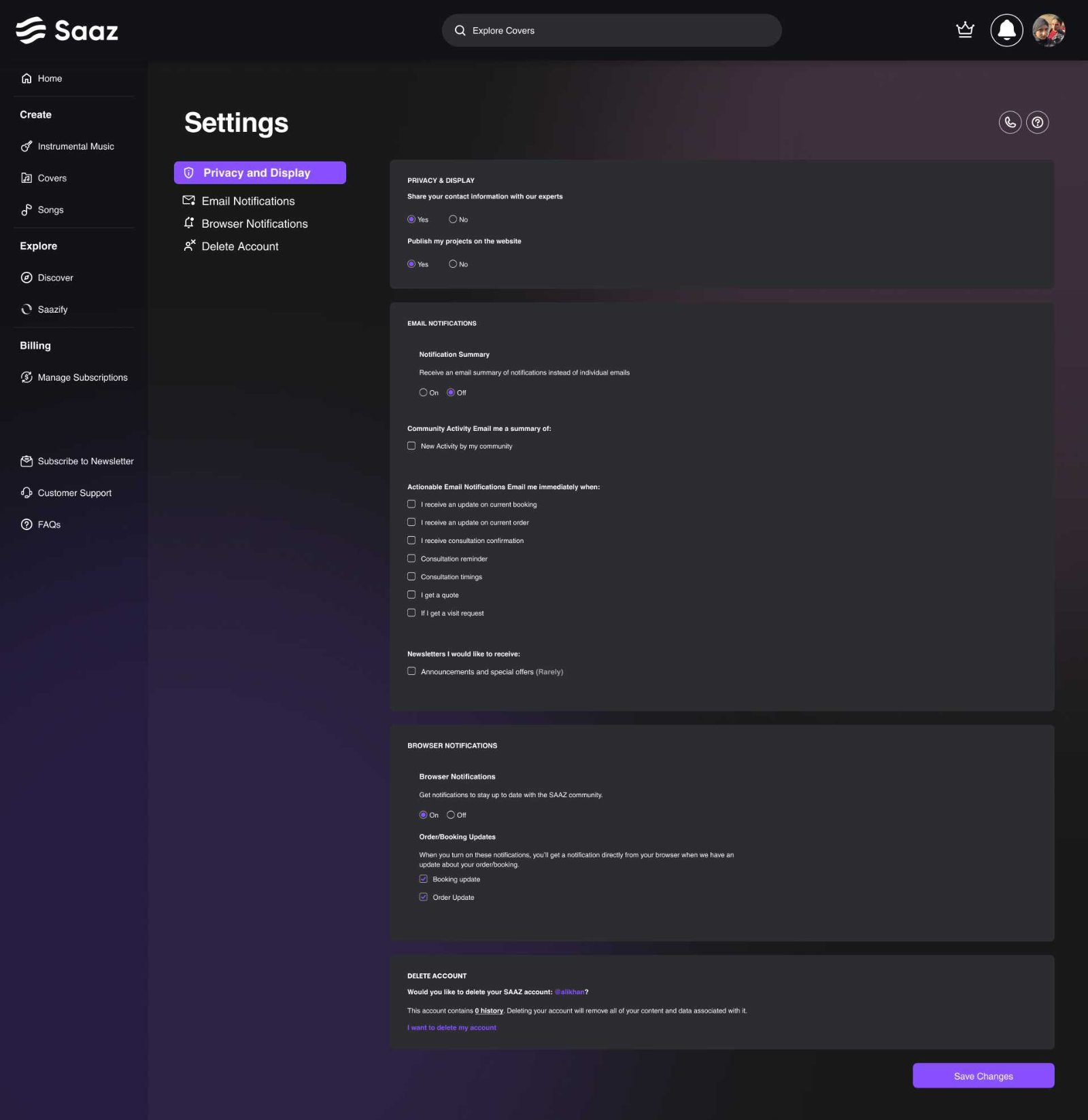 Settings page