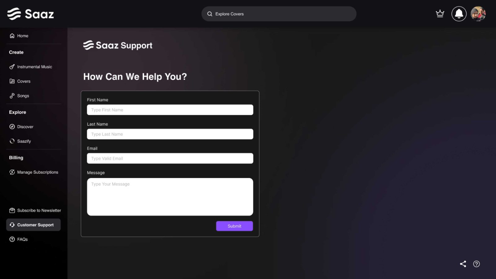 Customer support page